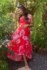 Red Chiffon Floral Hi-Low Tiered Maternity Dress
