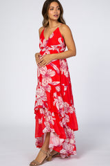 Red Chiffon Floral Hi-Low Tiered Maternity Dress