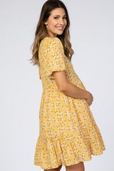 Yellow Floral Button Front Maternity Dress