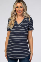 Navy Blue Striped V-Neck Maternity Top