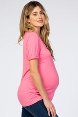 Pink V-Neck Cuff Sleeve Maternity Top