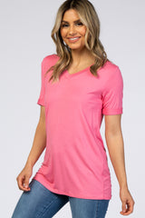 Pink V-Neck Cuff Sleeve Top