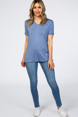 Dusty Blue V-Neck Cuff Sleeve Top