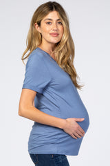 Dusty Blue V-Neck Cuff Sleeve Maternity Top