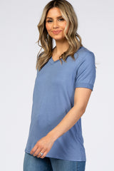 Dusty Blue V-Neck Cuff Sleeve Top