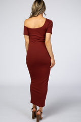 Burgundy Ribbed One Shoulder Fitted Dress