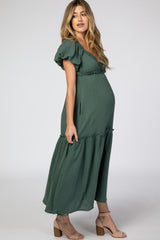 Forest Green Crochet Trim Ruffle Tiered Maternity Maxi Dress