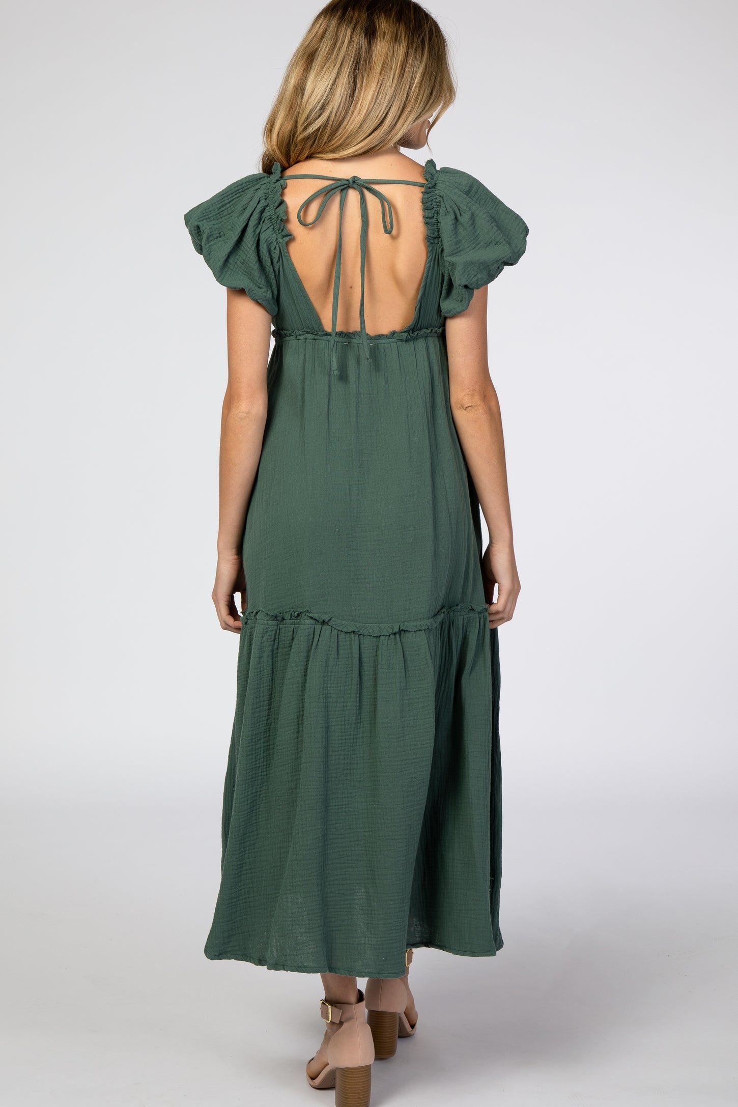 Forest Green Crochet Trim Ruffle Tiered Maternity Maxi Dress