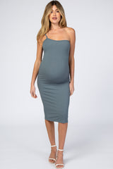 Blue One Shoulder Fitted Maternity Midi Dress