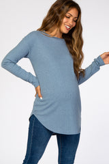 Denim Blue Long Sleeve Ribbed Maternity Top