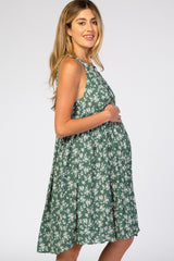 Green Floral Ruffle Waist Halter Maternity Dress