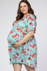 Aqua Floral Printed Maternity Plus Dress