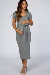 Grey Ribbed Fitted Side Slit Maternity Dress