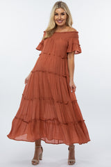 Rust Off Shoulder Tiered Maternity Maxi Dress