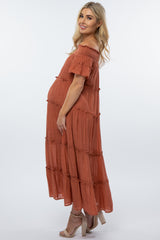 Rust Off Shoulder Tiered Maternity Maxi Dress