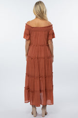 Rust Off Shoulder Tiered Maternity Maxi Dress