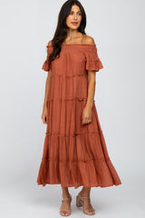 Rust Off Shoulder Tiered Maternity Maxi Dress