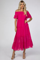 Fuchsia Off Shoulder Tiered Maternity Maxi Dress