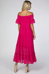 Fuchsia Off Shoulder Tiered Maxi Dress