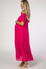 Fuchsia Off Shoulder Tiered Maternity Maxi Dress