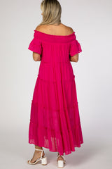 Fuchsia Off Shoulder Tiered Maternity Maxi Dress