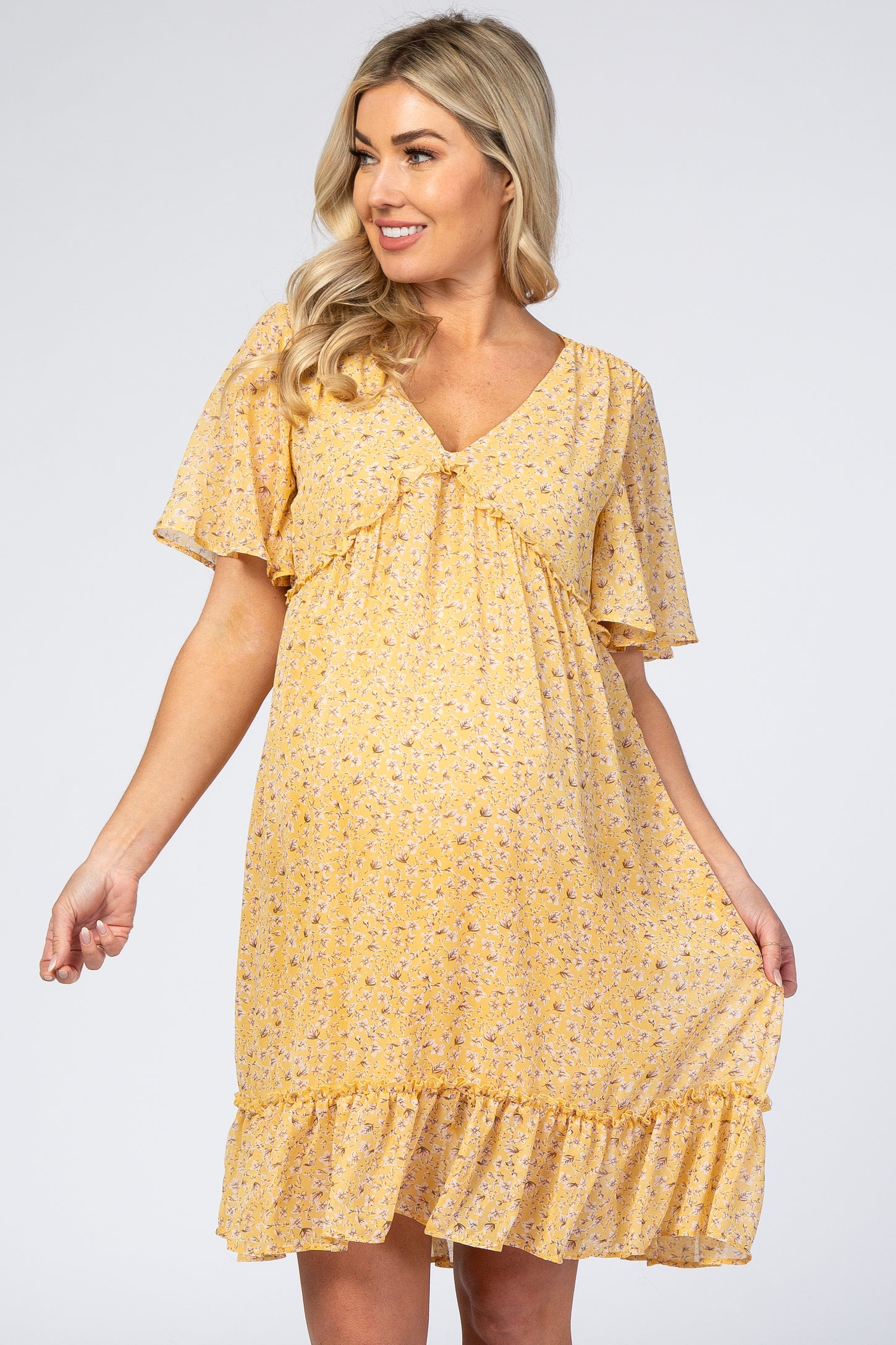 Yellow Floral Chiffon Ruffle Maternity Dress