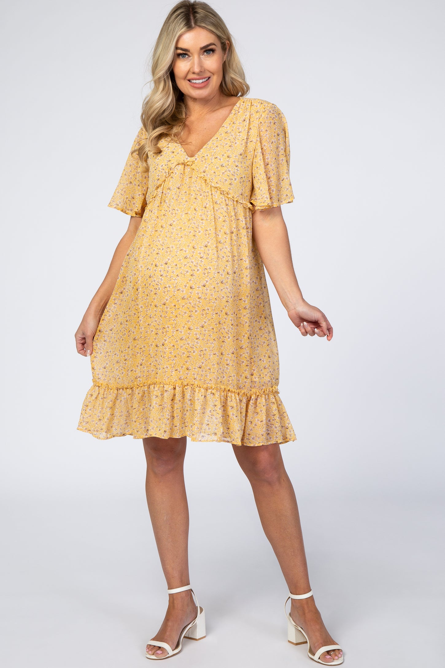 Yellow Floral Chiffon Ruffle Maternity Dress