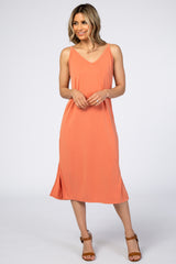 Orange V-Neck Double Slit Midi Dress