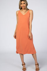 Orange V-Neck Double Slit Midi Dress