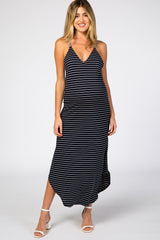 Black Striped Cross Back Maternity Maxi Dress