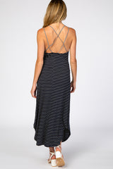 Black Striped Cross Back Maternity Maxi Dress