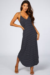 Black Striped Cross Back Maternity Maxi Dress