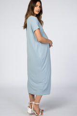 Light Blue V-Neck Maternity Midi Shift Dress