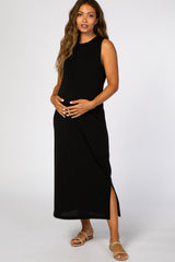 Black Sleeveless Side Slit Maternity Maxi Dress