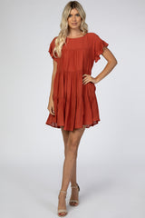 Rust Tiered Ruffle Sleeve Dress