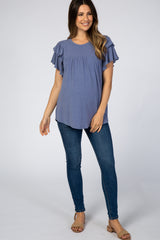 Blue Tiered Ruffle Sleeve Maternity Top