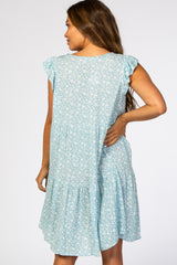 Light Blue Floral Ruffle Sleeve Maternity Mini Dress
