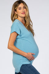 Blue V-Neck Raw Hem Maternity Short Sleeve Top