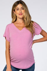 Mauve V-Neck Raw Hem Maternity Short Sleeve Top