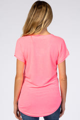 Neon Pink V-Neck Raw Hem Maternity Short Sleeve Top