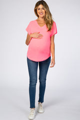 Neon Pink V-Neck Raw Hem Maternity Short Sleeve Top