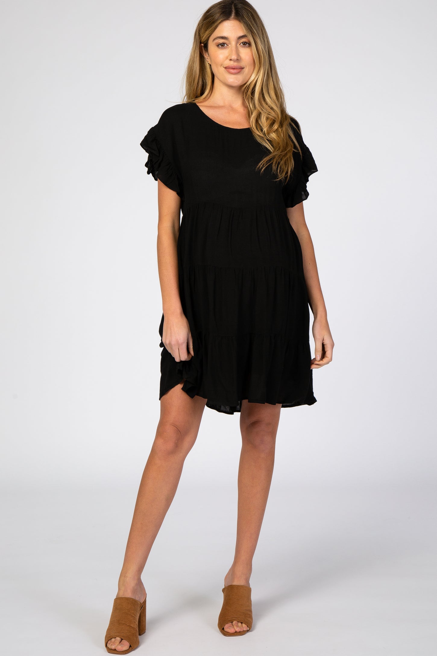 Black Tiered Ruffle Accent Maternity Dress