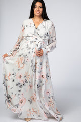 Ivory Floral Chiffon Maternity Plus Maxi Dress