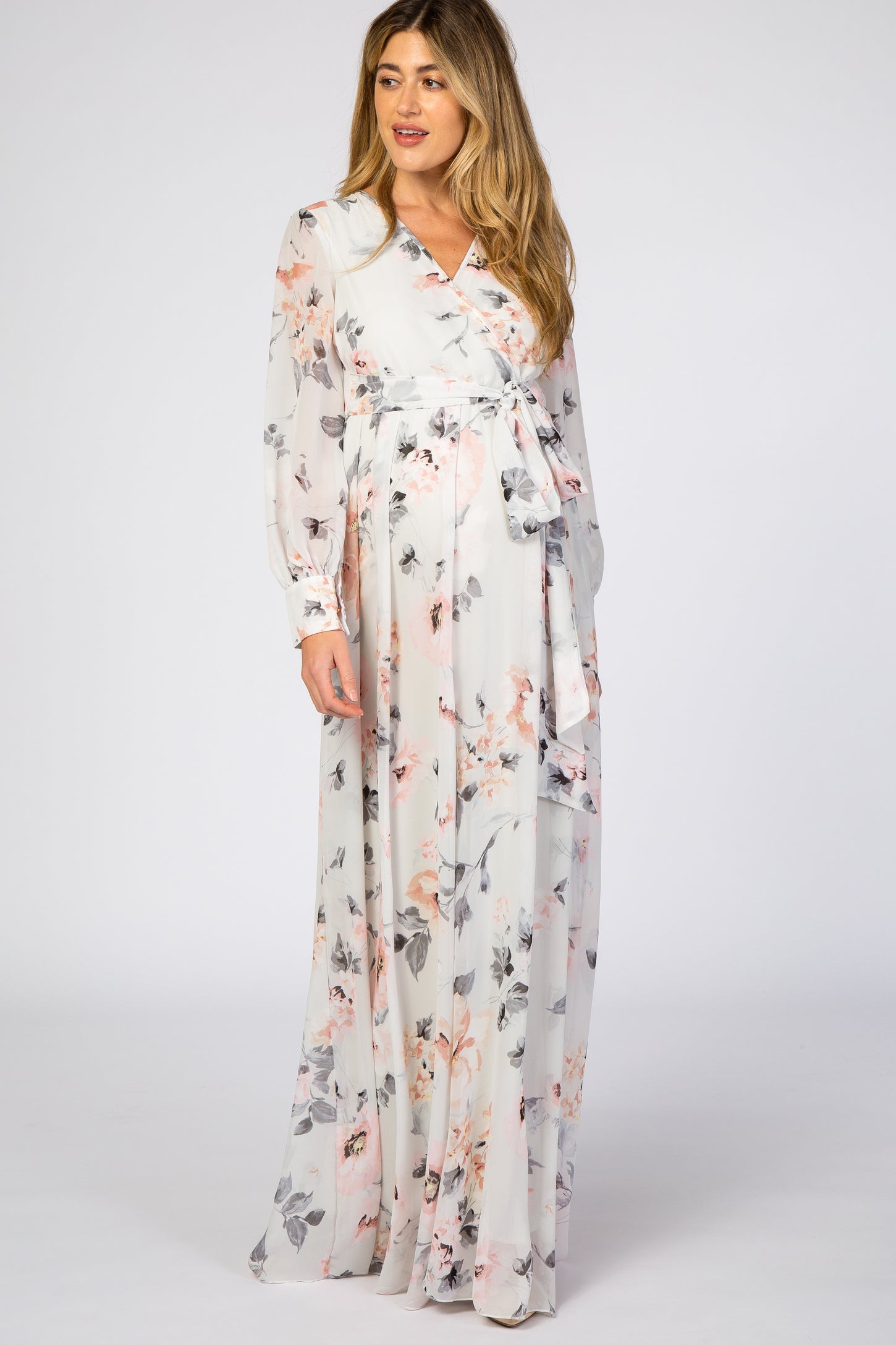 Ivory Floral Chiffon Maternity Maxi Dress