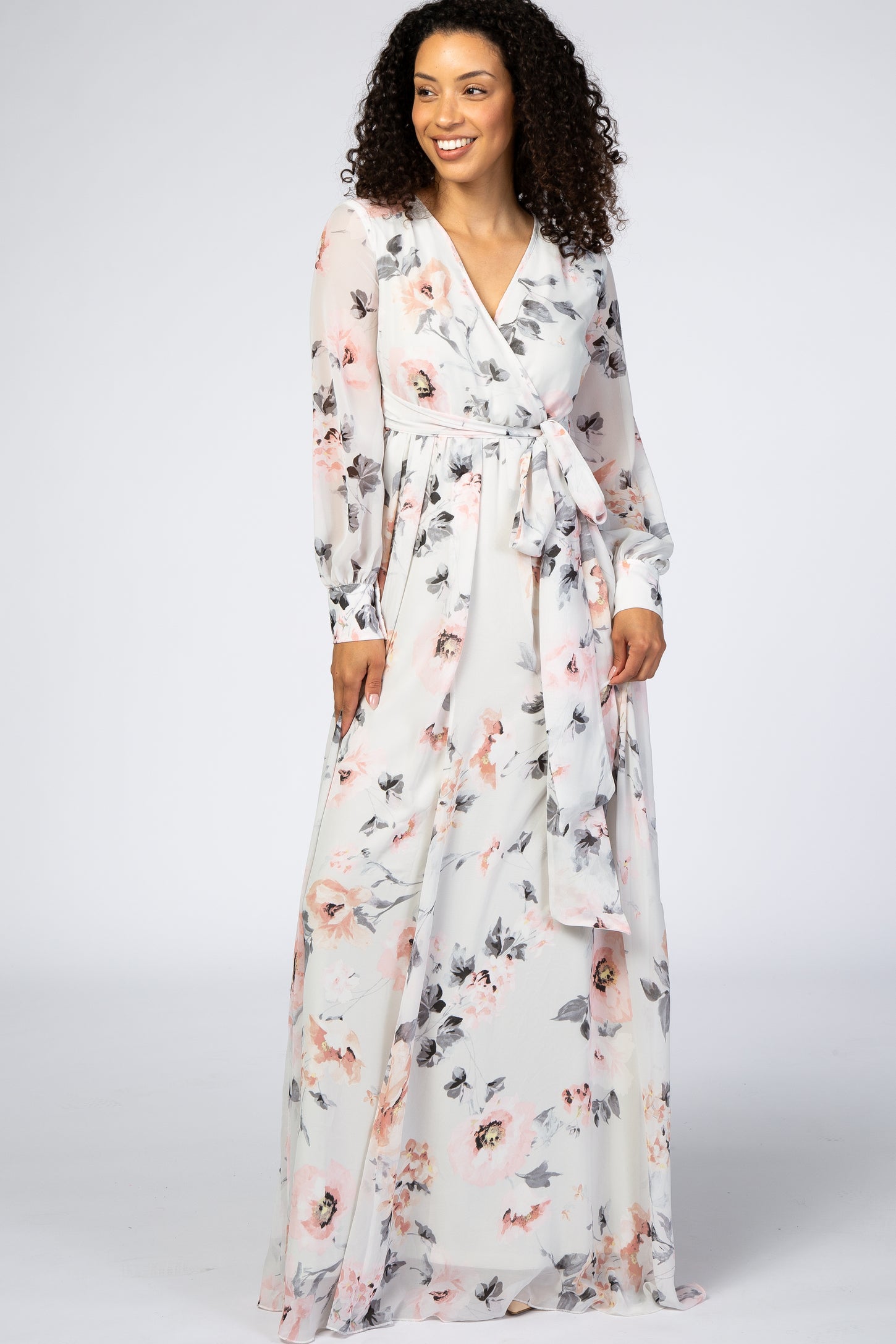 Ivory Floral Chiffon Maternity Maxi Dress