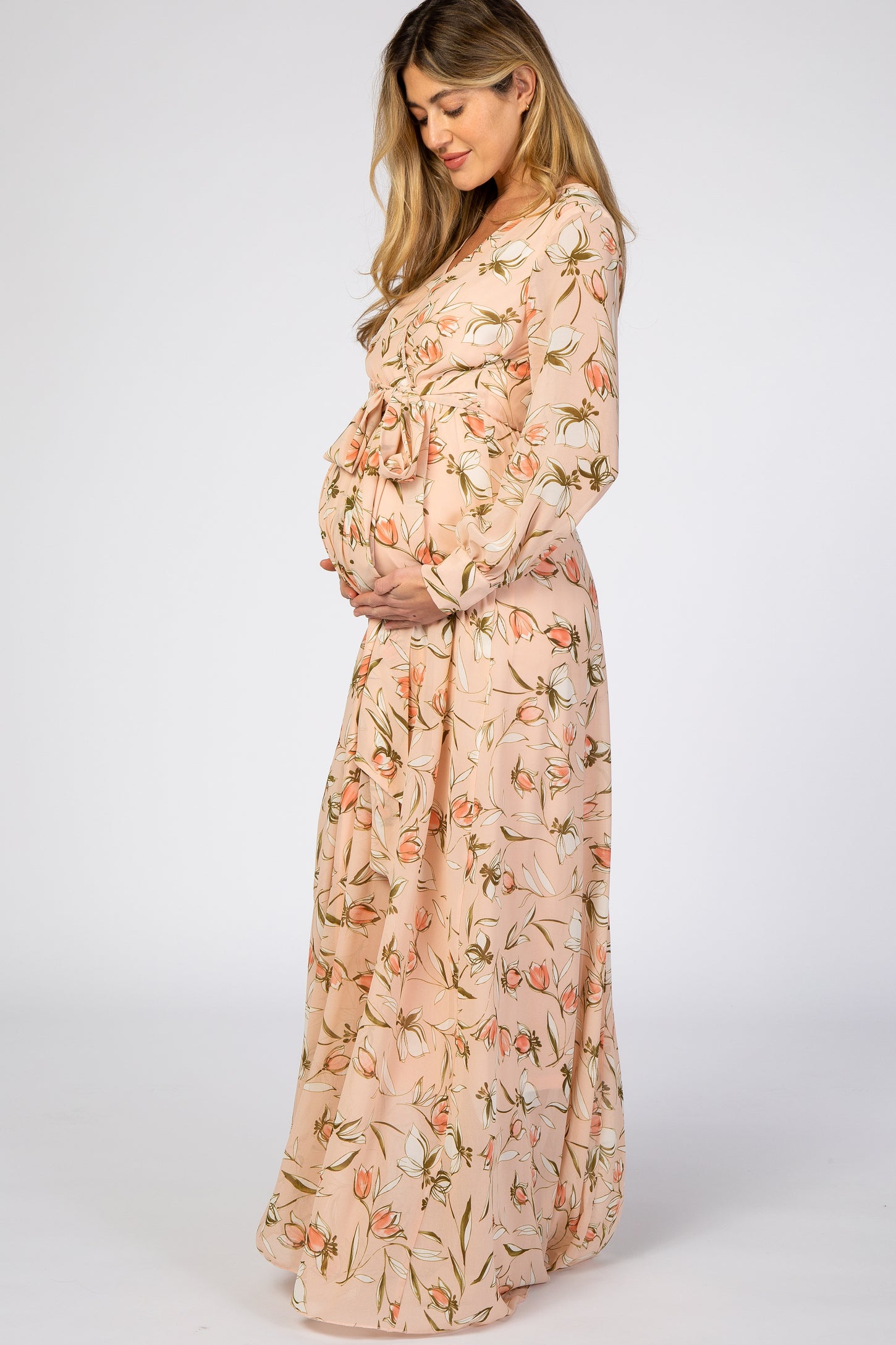 Light Pink Floral Maternity Long Sleeve Maxi Dress