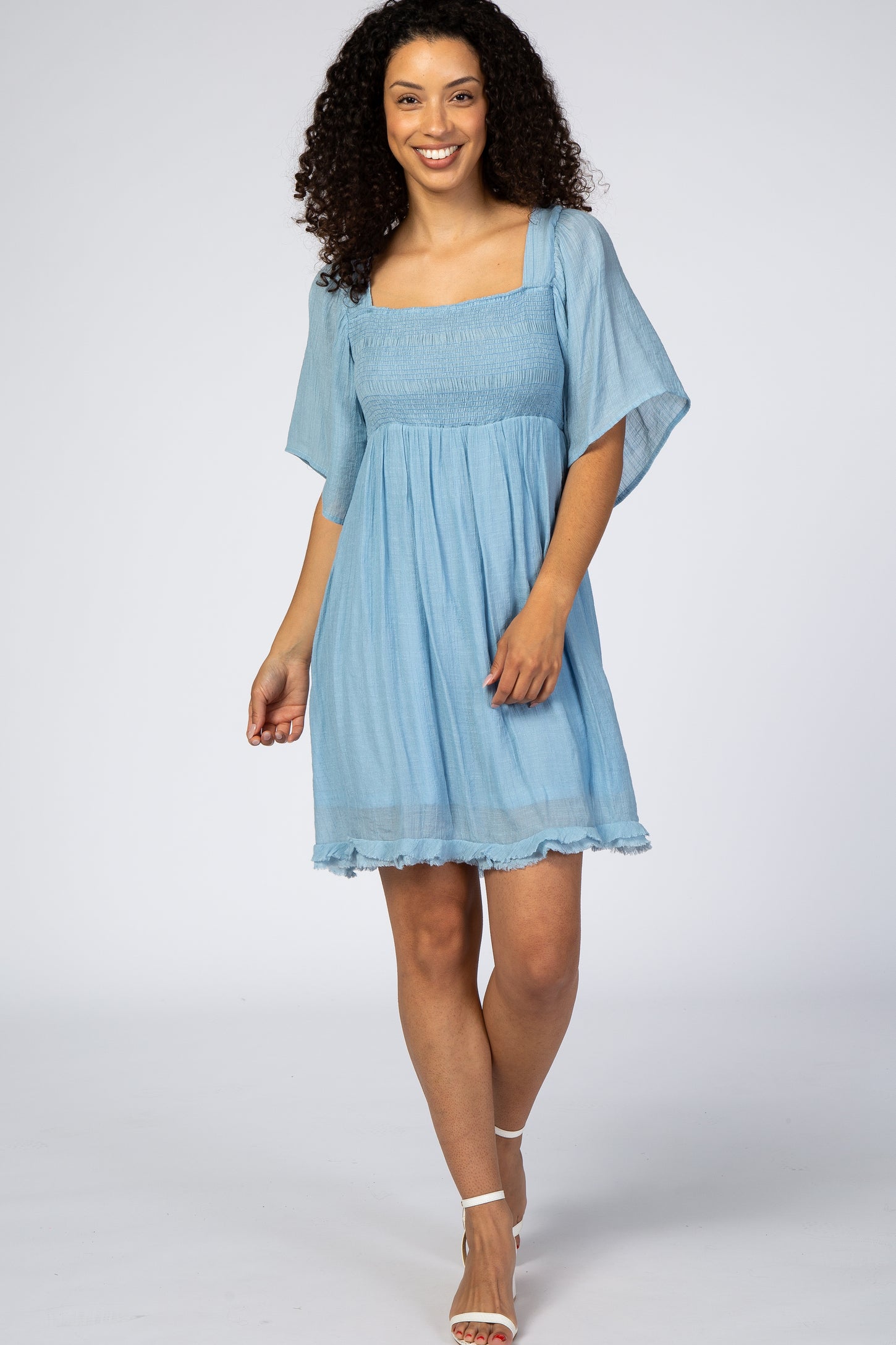 Light Blue Smocked Short Sleeve Maternity Dress