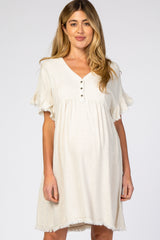 Beige Linen Fringe Trim Babydoll Maternity Dress