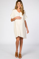 Beige Linen Fringe Trim Babydoll Maternity Dress