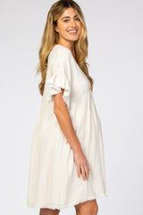 Beige Linen Fringe Trim Babydoll Maternity Dress